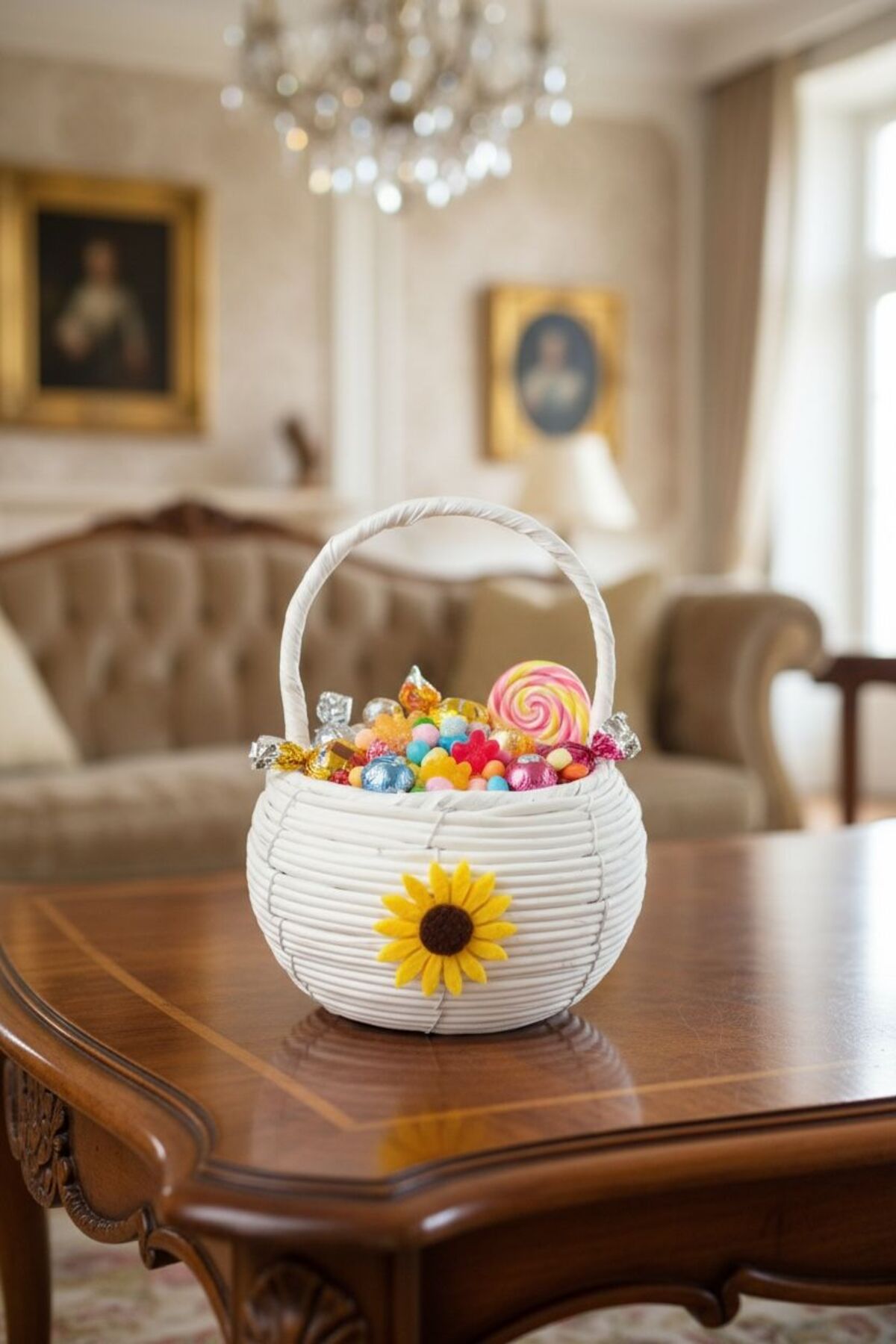 Samah Papatya Detaylı Kulplu Hasır Sepet | Yuvarlak Beyaz Dekoratif Sepet