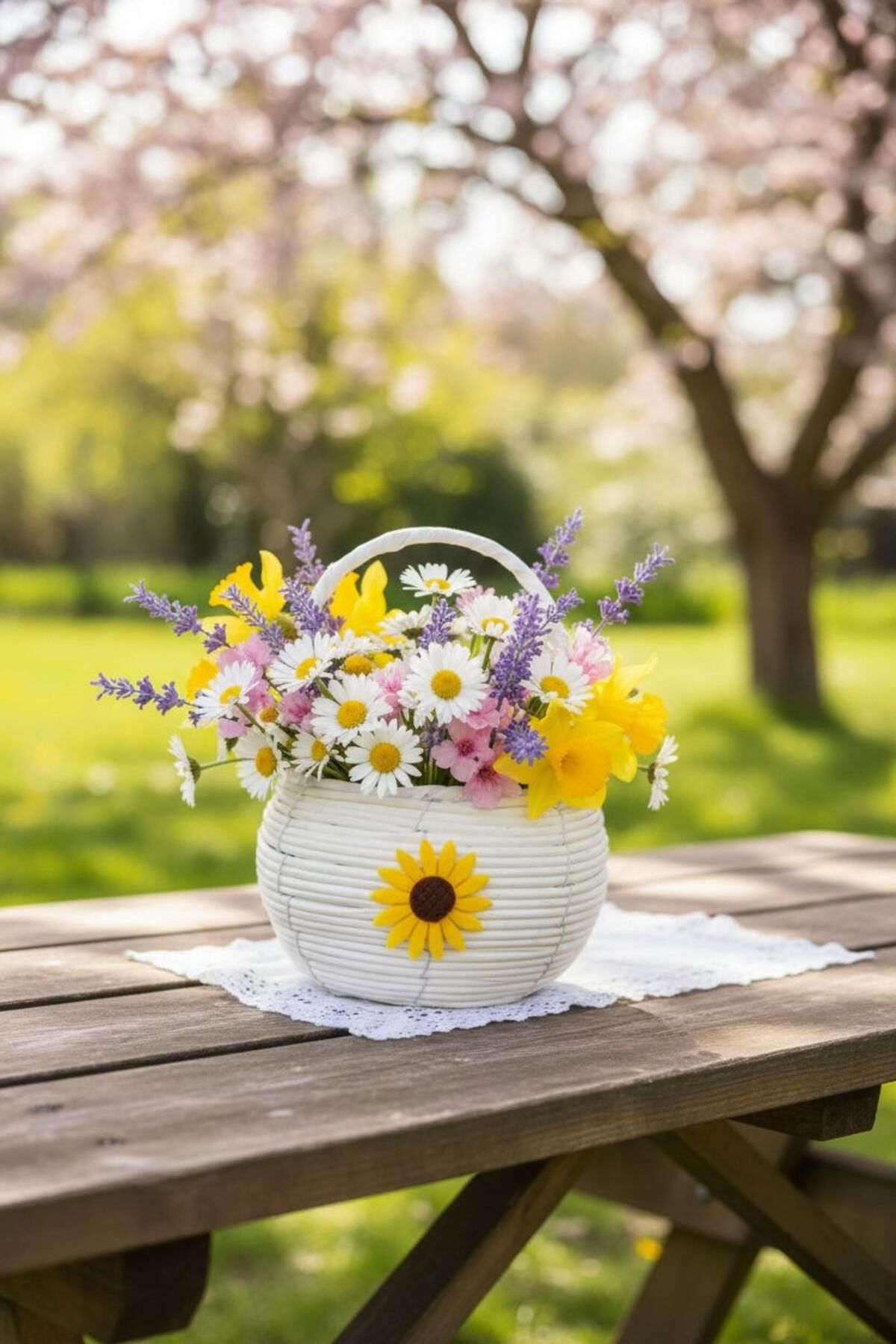 Samah Papatya Detaylı Kulplu Hasır Sepet | Yuvarlak Beyaz Dekoratif Sepet