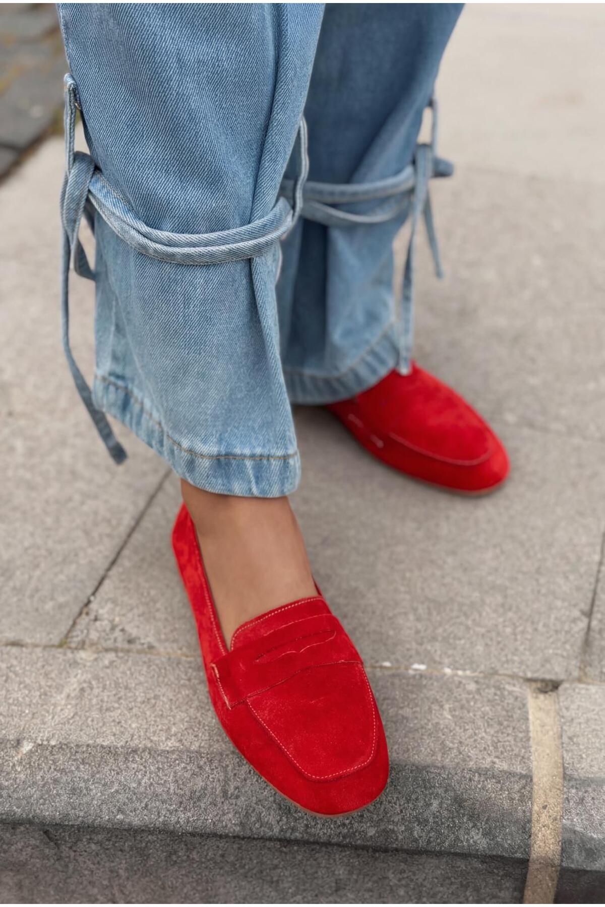 I Love Shoes Melniel Hakiki Süet Kadın Loafer Kırmızı görsel 4