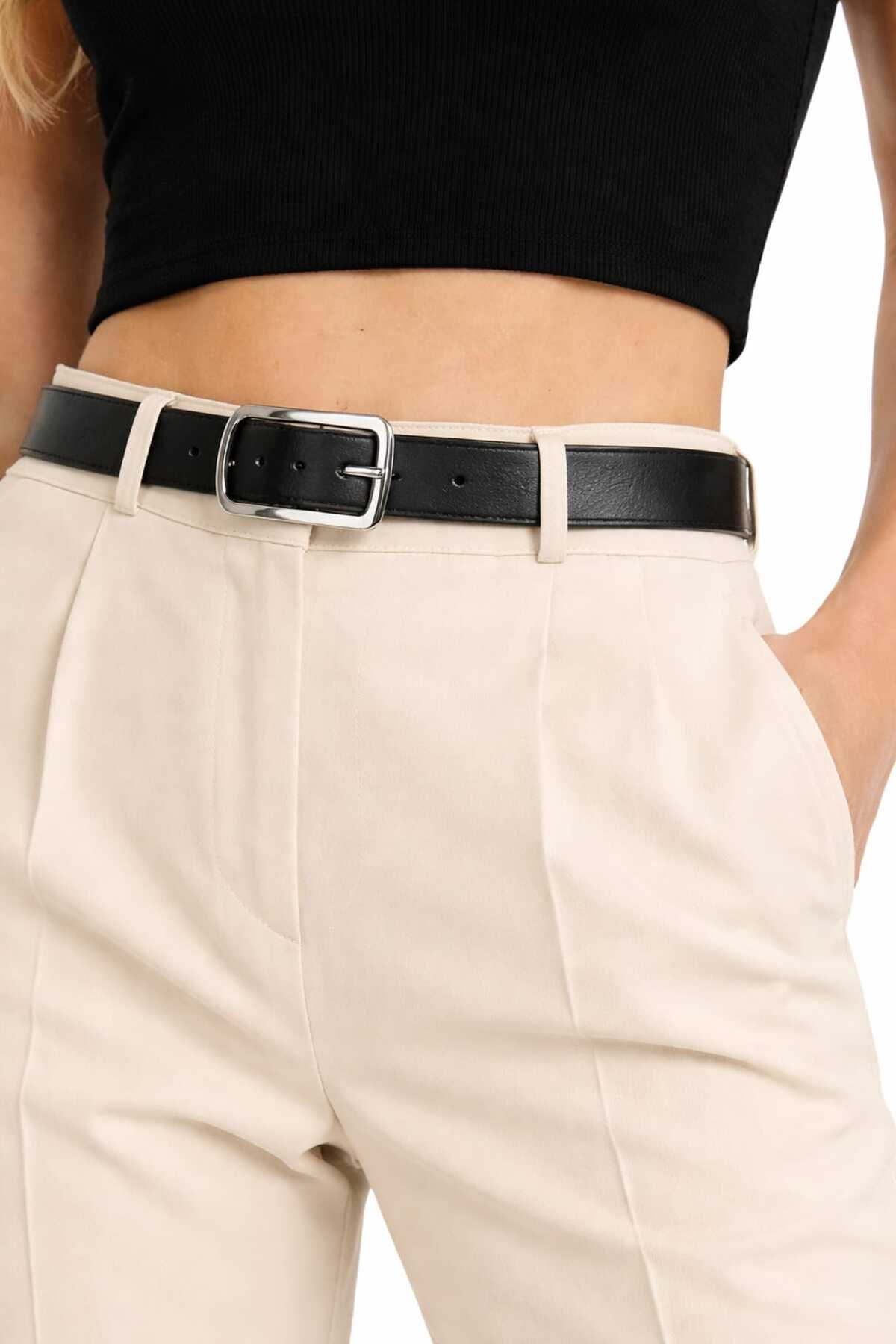 CALEMORE  Kadın Kemerli Kanca Kapamalı Yüksek Bel Palazzo Pantolon - Görsel 3