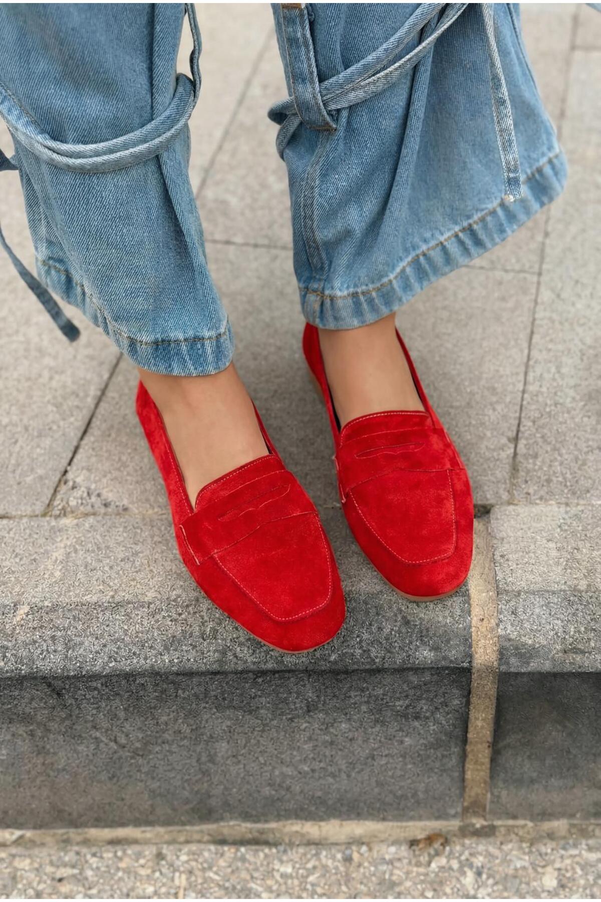 I Love Shoes Melniel Hakiki Süet Kadın Loafer Kırmızı görsel 2