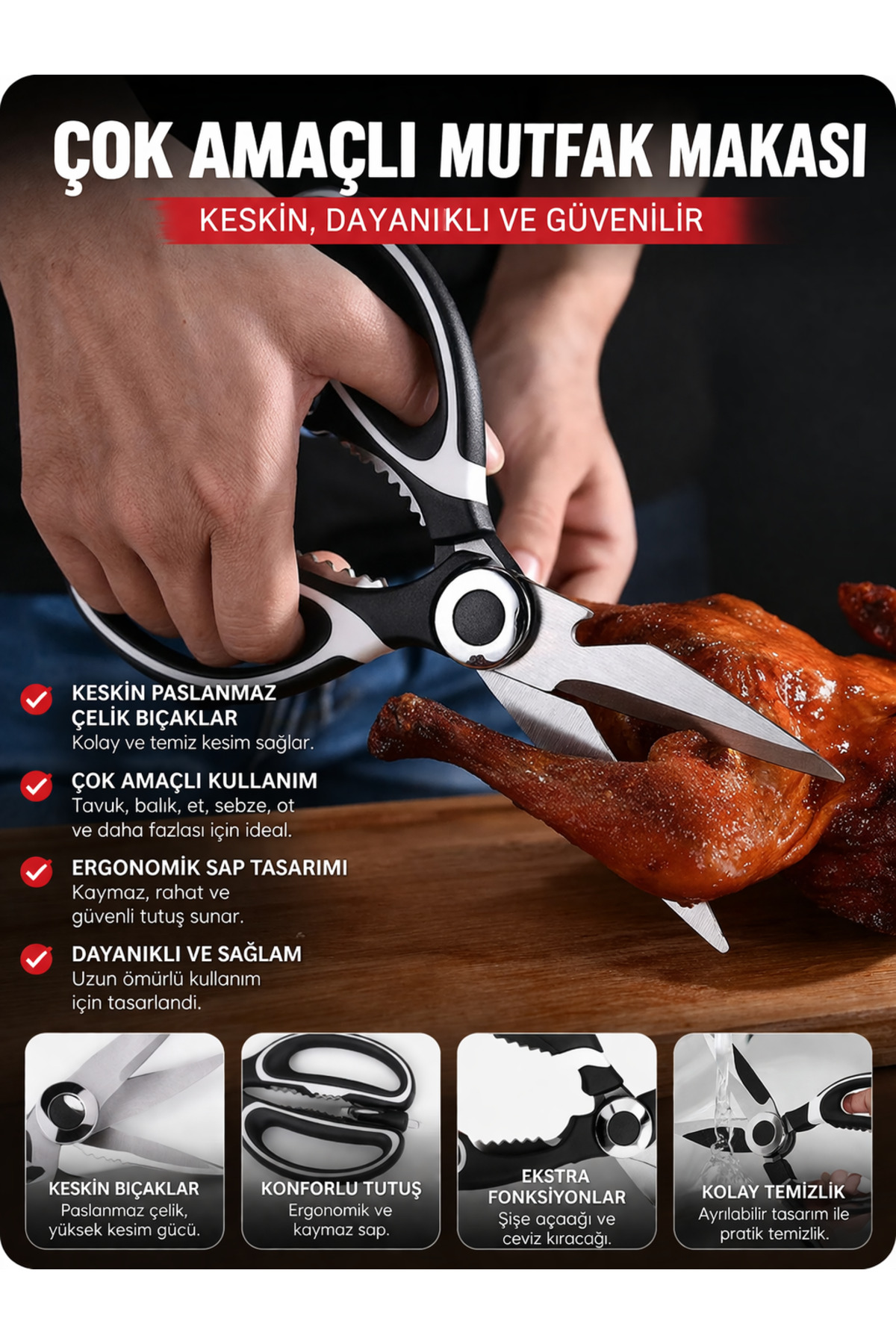 Multipurpose Kitchen Scissors Stainless Steel Chicken Fish with Sharp Knife Vegetable Cutting Non-Slip Handle