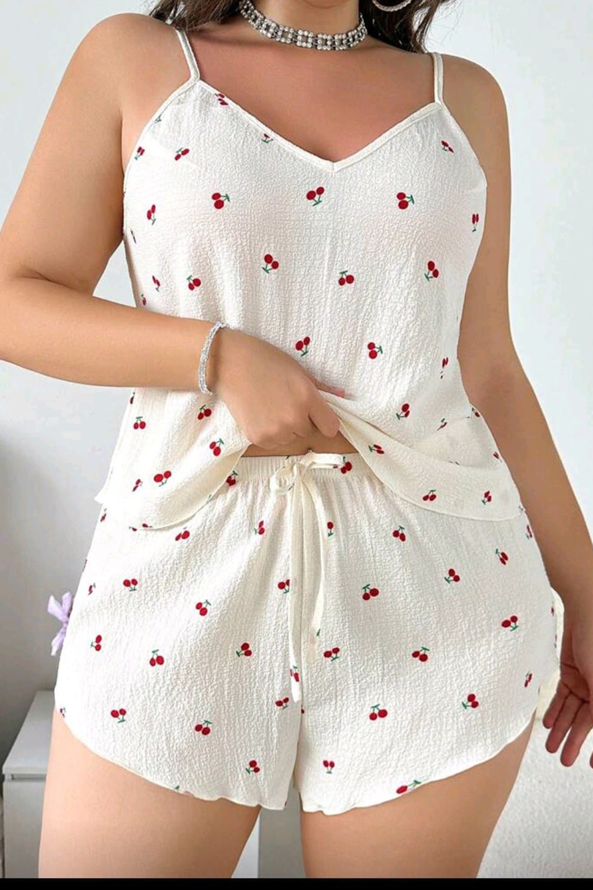 Wesby  Sırt Dantelli Büyük Beden Kiraz Desenli Pijama Takım - Görsel 5