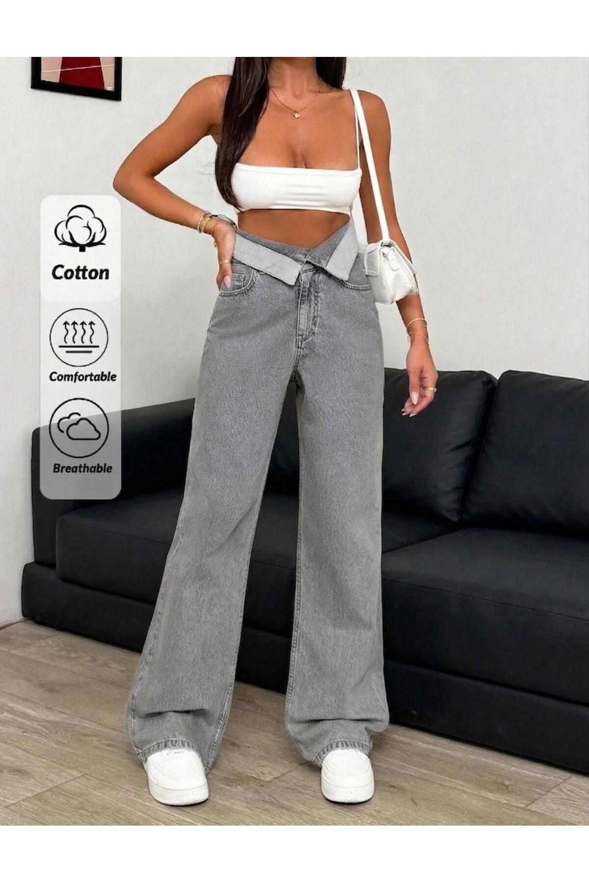 KENE JEANS Blugi gri cu talie înaltă, cu guler tip centură și croială largă.