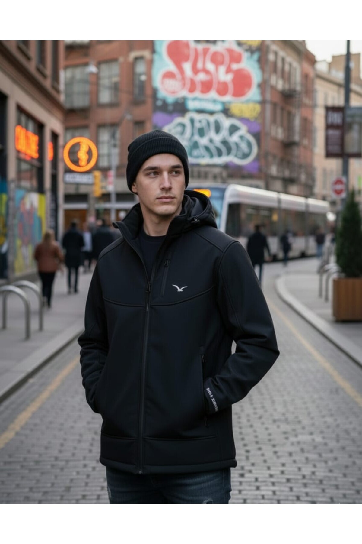 کاپشن مردانه مشکی Softshell مخصوص فضای باز با کلاه جداشونده، ضد آب — مشکی softnv — تصویر 2 از 7