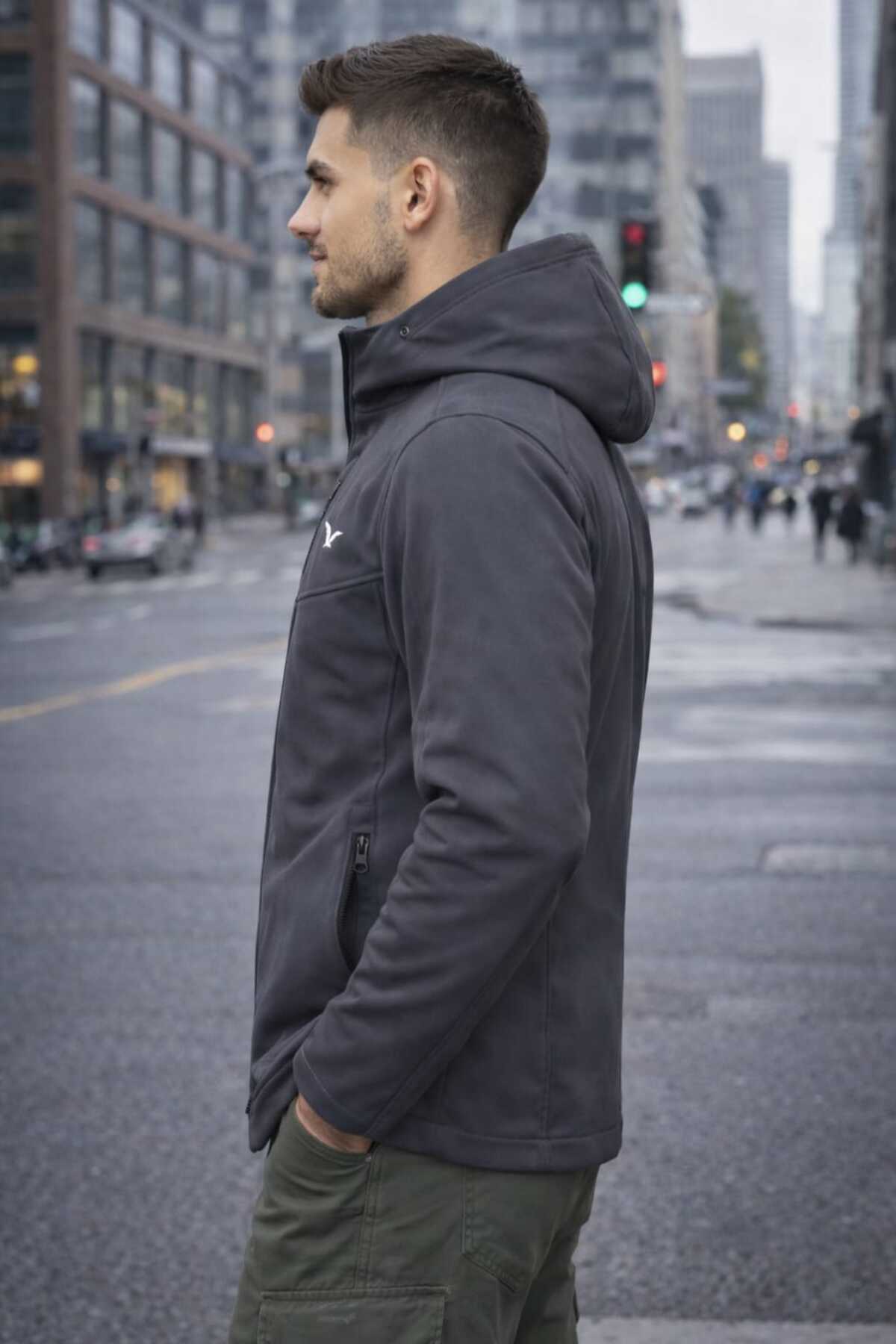 کاپشن مردانه مشکی Softshell مخصوص فضای باز با کلاه جداشونده، ضد آب — نقره‌ای softnv — تصویر 4 از 7