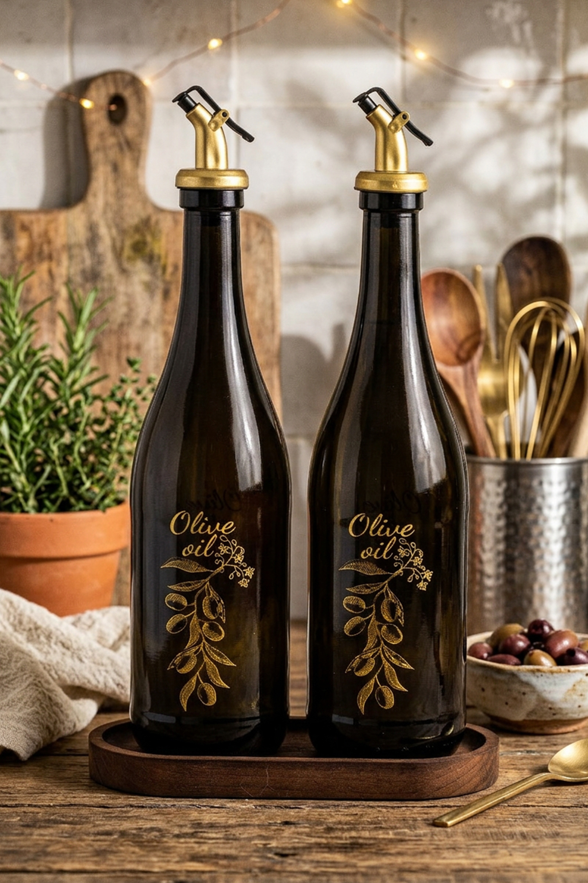 بورا - طقم وعاء زيت من قطعتين مع حامل خشبي، زجاجة...