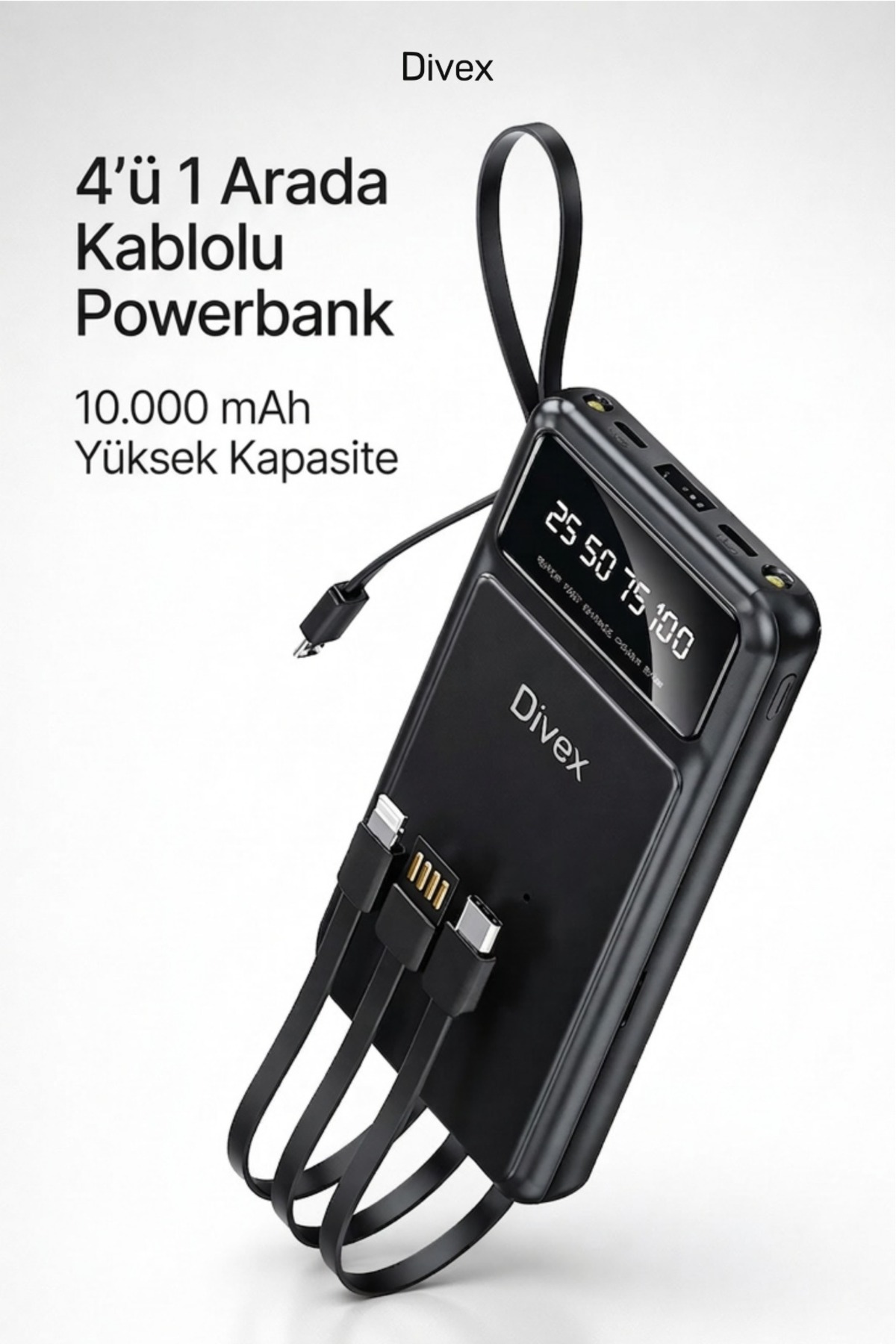 Divex Dijital Göstergeli Taşınabilir 4 Kablolu 10.000 mAh