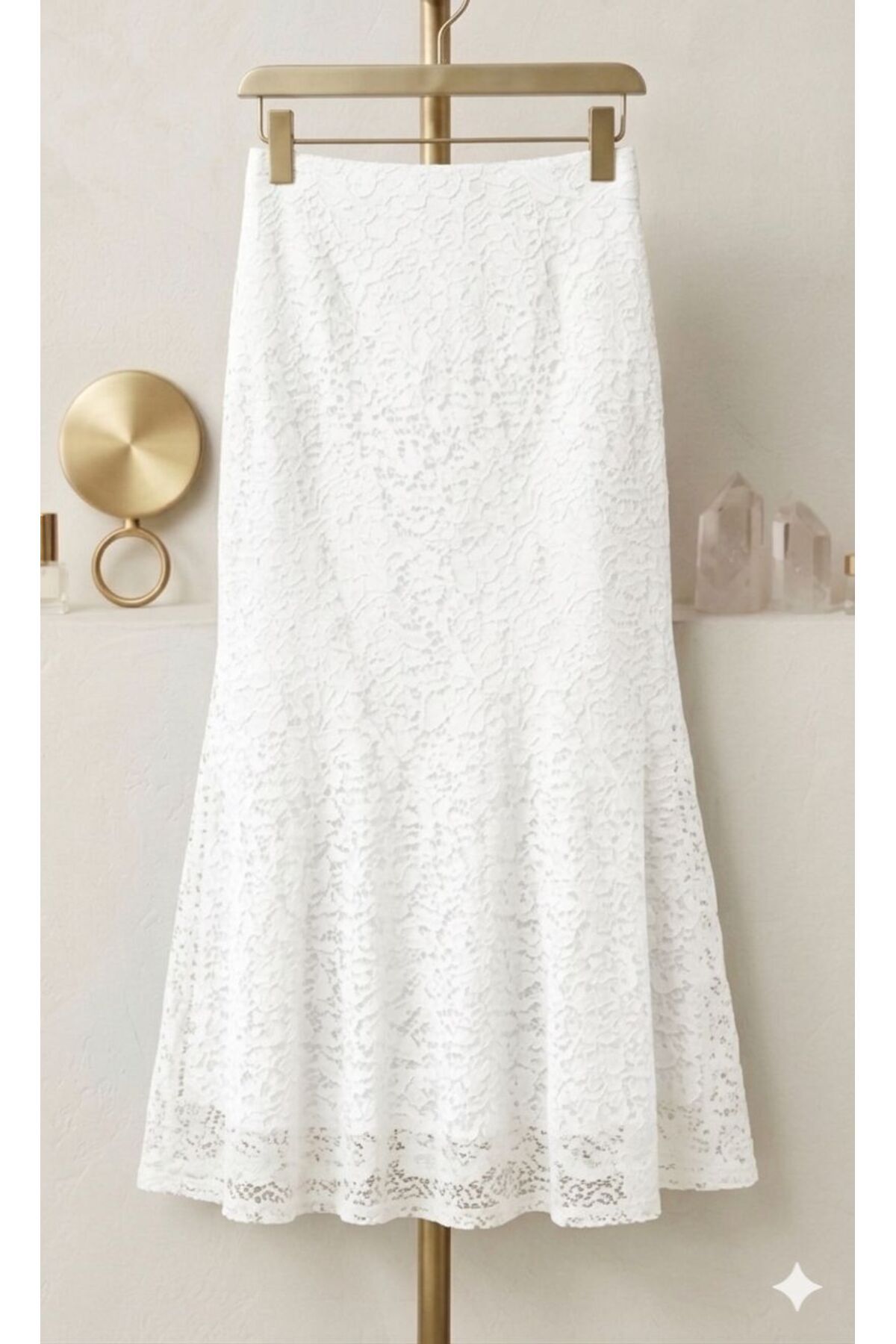 onlymoon  Beyaz Dantel Balık Etek Kadın Midi Boy Şık Tesettür Zarif Kesim Tam Kalıp Günlük Modern Kombin - Görsel 5