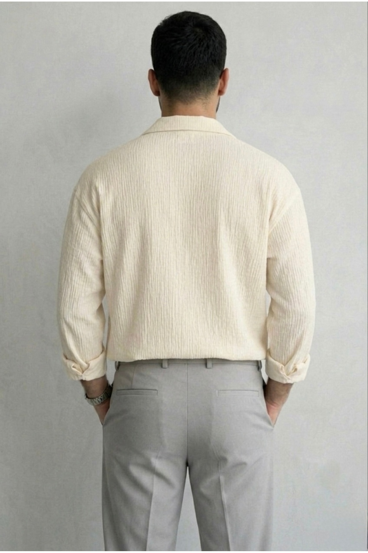 bb butik basic Ütü istemez oversize kesim Bürümcük gömlek EKRU görsel 3