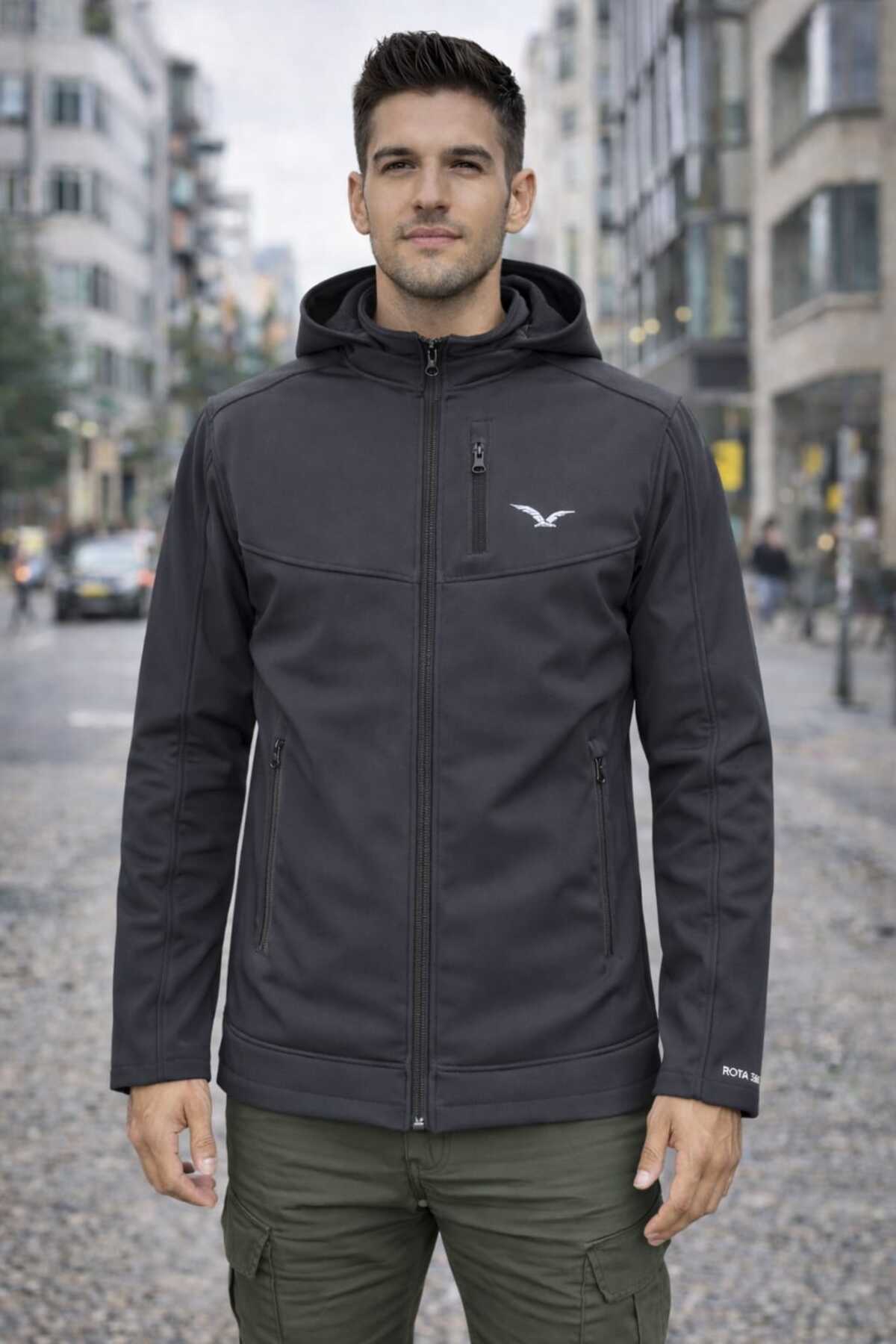 کاپشن مردانه مشکی Softshell مخصوص فضای باز با کلاه جداشونده، ضد آب — نقره‌ای softnv — تصویر 3 از 7