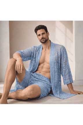 QMEN STYLE Erkek Kimono Takımı – 3’lü Dantel Set (Bornoz + Pantolon + Şort)
