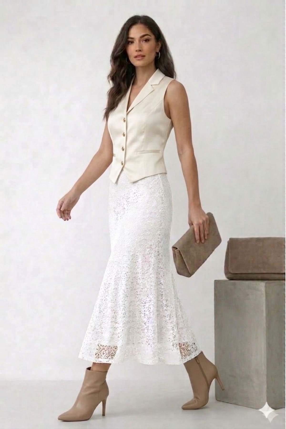 onlymoon  Beyaz Dantel Balık Etek Kadın Midi Boy Şık Tesettür Zarif Kesim Tam Kalıp Günlük Modern Kombin