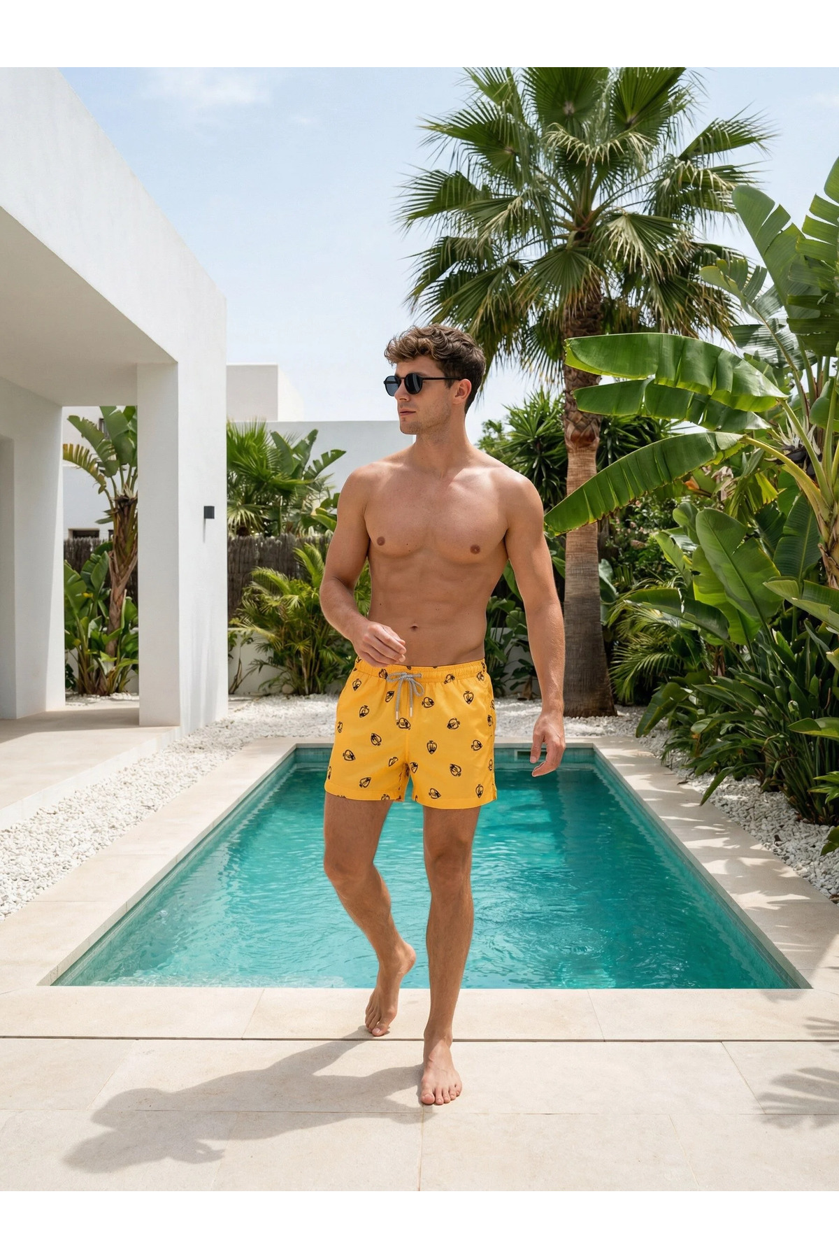 MADZEYMODA Lined Men's Mustard Swim Shorts Elastic Lace-Up Short Length Patterned Summer Beach Shorts Ls-95875