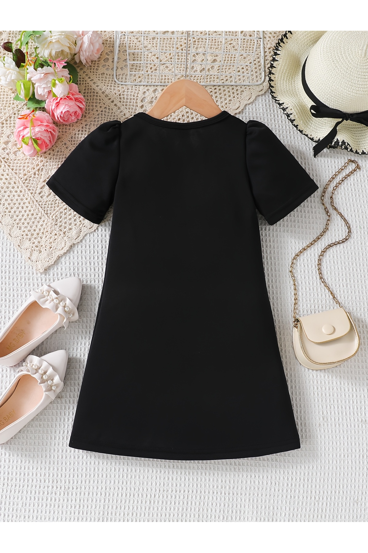 uyguntarz  Kız Çocuk Siyah Mini Elbise Pembe Fiyonk Detaylı Modern Tasarım - Görsel 5