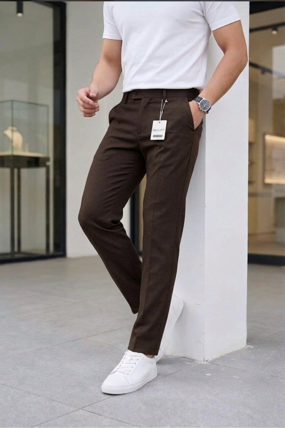 MODAMESTO Men's Brown Slim Fit Stretch Fabric Side Pocket Ankle-Length Plain Fabric Trousers
