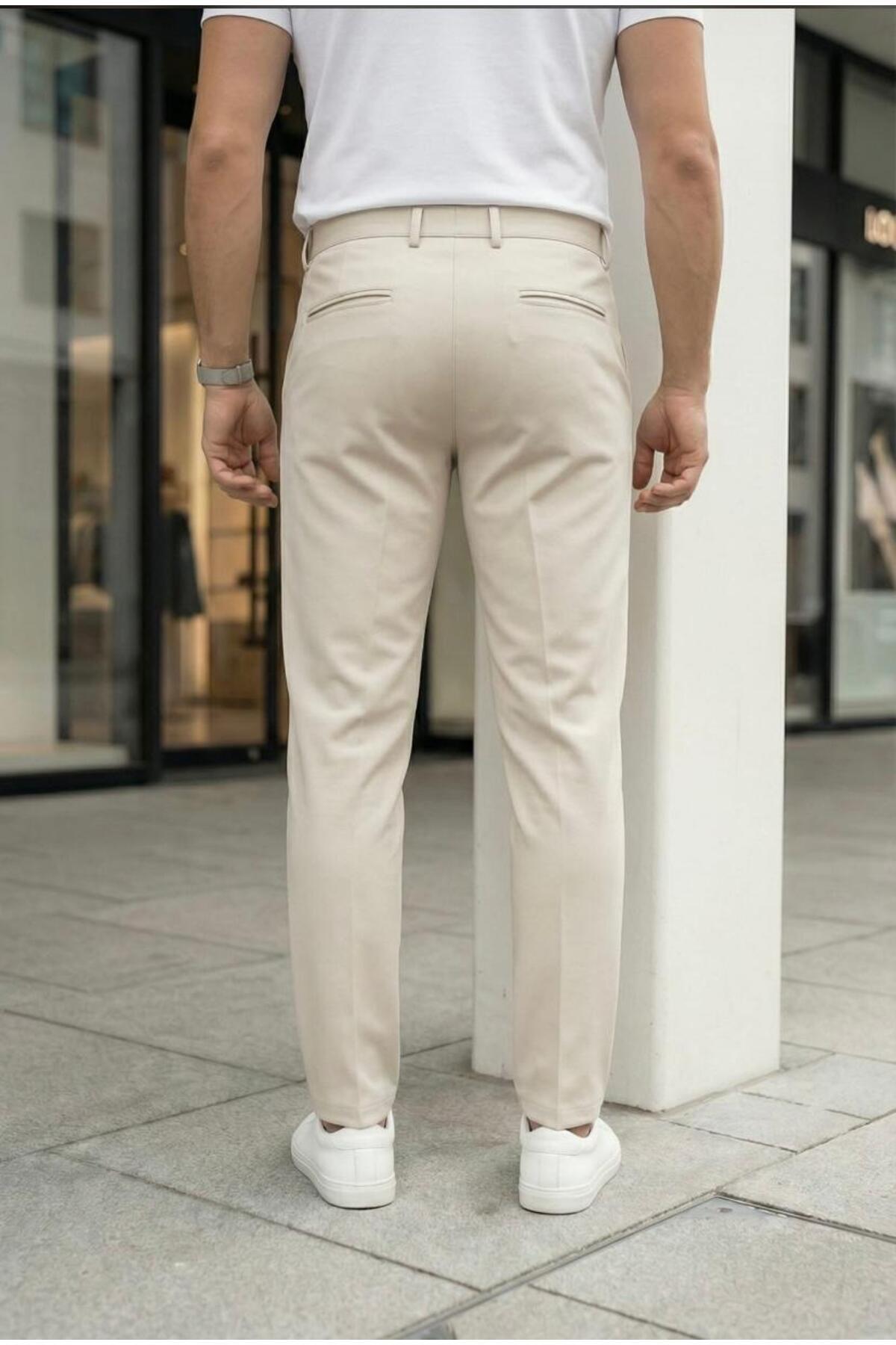 Ser Joven Erkek Bej Slim Fit Likralı Yan Cep Bilek Boy Düz Kumaş Pantolon görsel 3