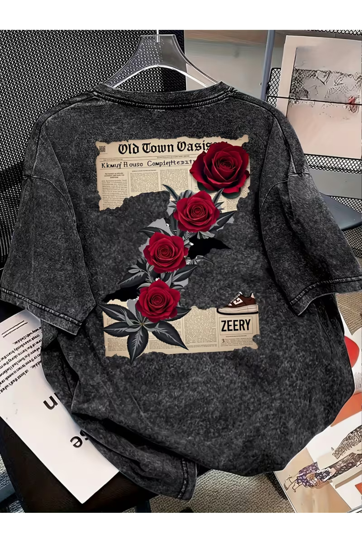 bellanova Grunge Eskitme Desenli Füme Oversize Tişört - Özel Boyama Teknikli Yumuşak Dokulu