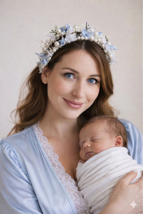 ROYAL ROX Mavi Beyaz İnci Kristal Detaylı Lohusa Anne Tacı – El Yapımı Zarif ...