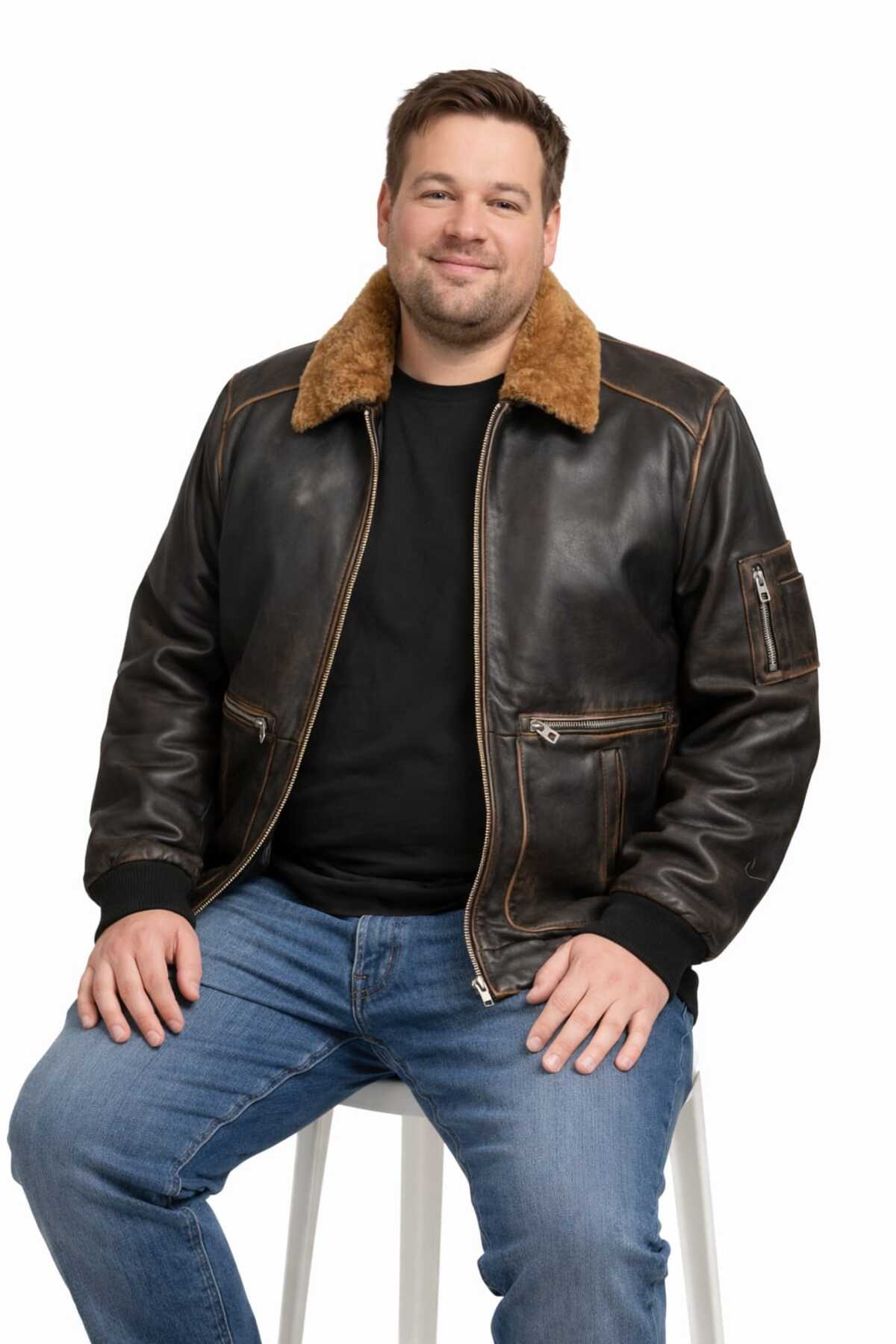 VİAMOD LEATHER Büyük Beden Erkek Kürk Yakalı Siyah Premium Pilot VİAMOD LEATHER Büyük Beden Erkek Kürk Yakalı Siyah Premium Pilot
