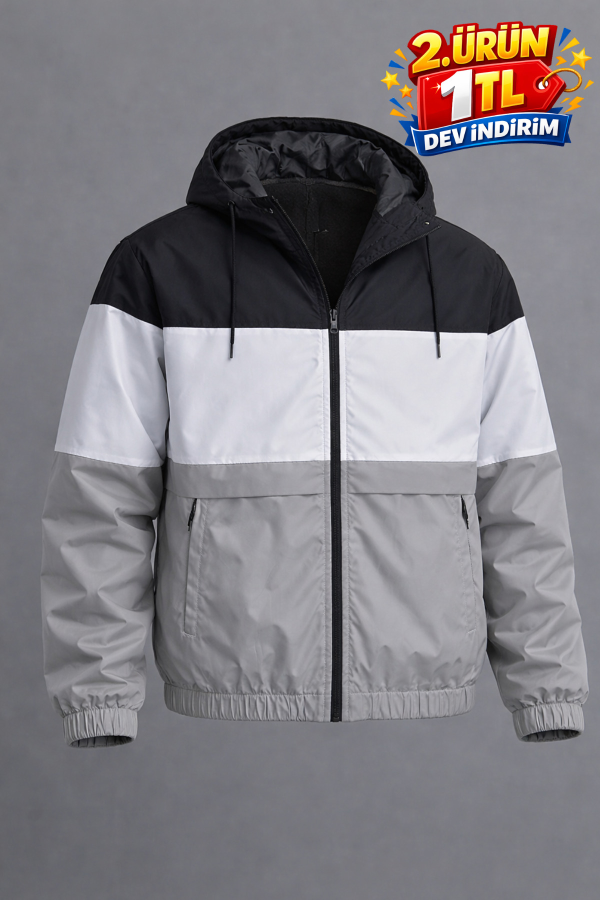 DAMGA JEANS  Erkek Trend Desenli Gri Fermuarlı Yağmurluk