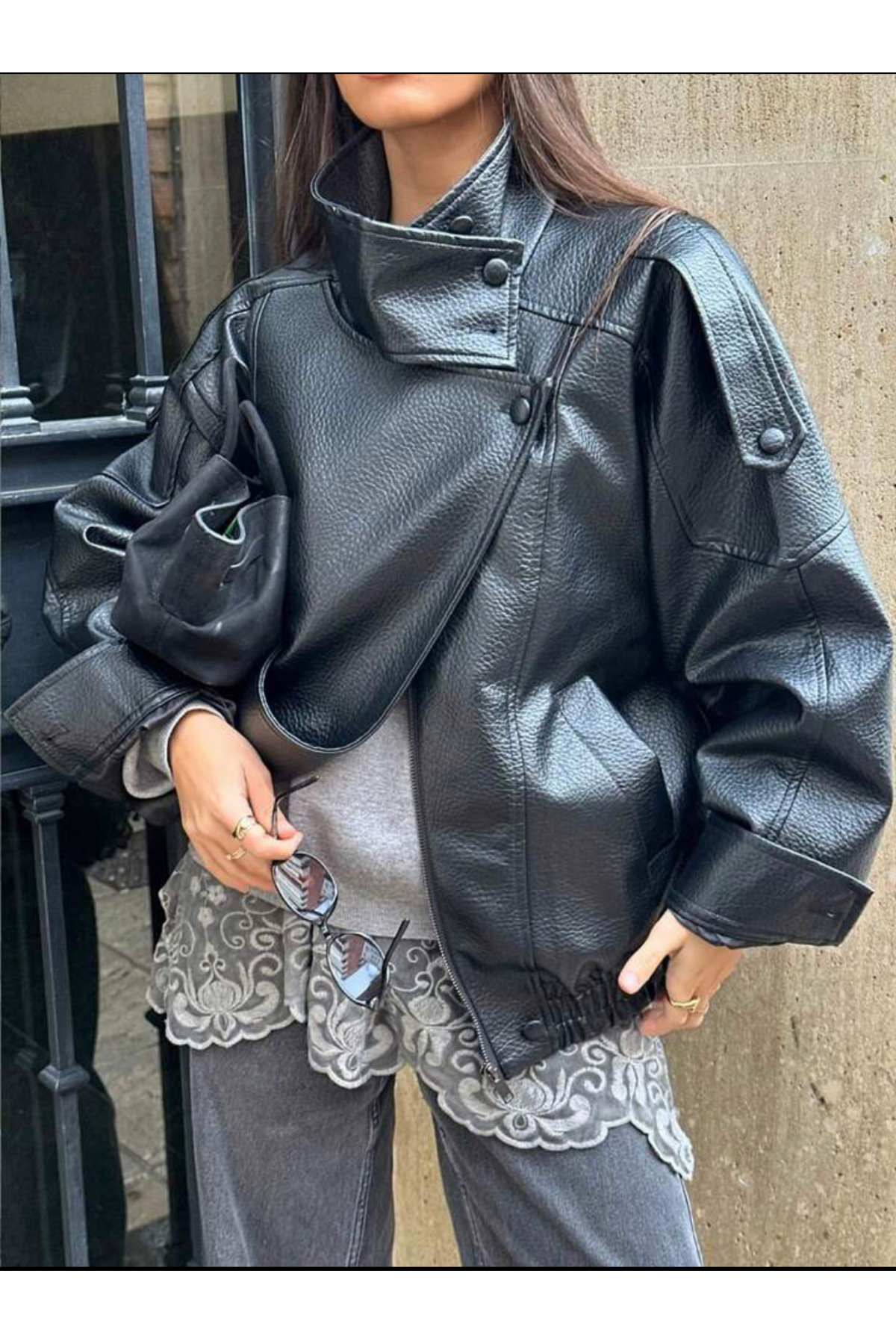 sinemkivanc co Viral Oversized Women's Leather Jacket High Collar