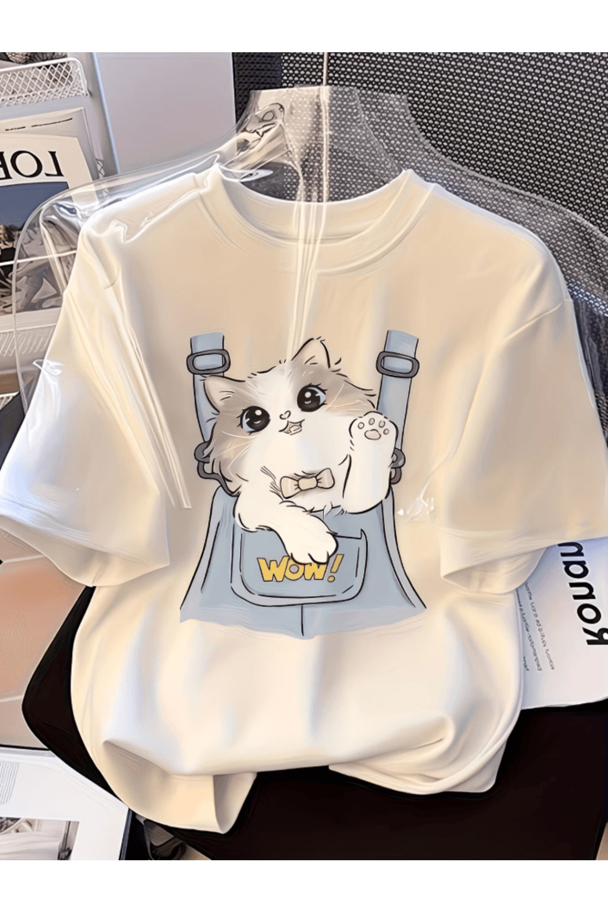 one button Sevimli Yavru Kedi Wow Baskılı Premium Oversize T-shirt