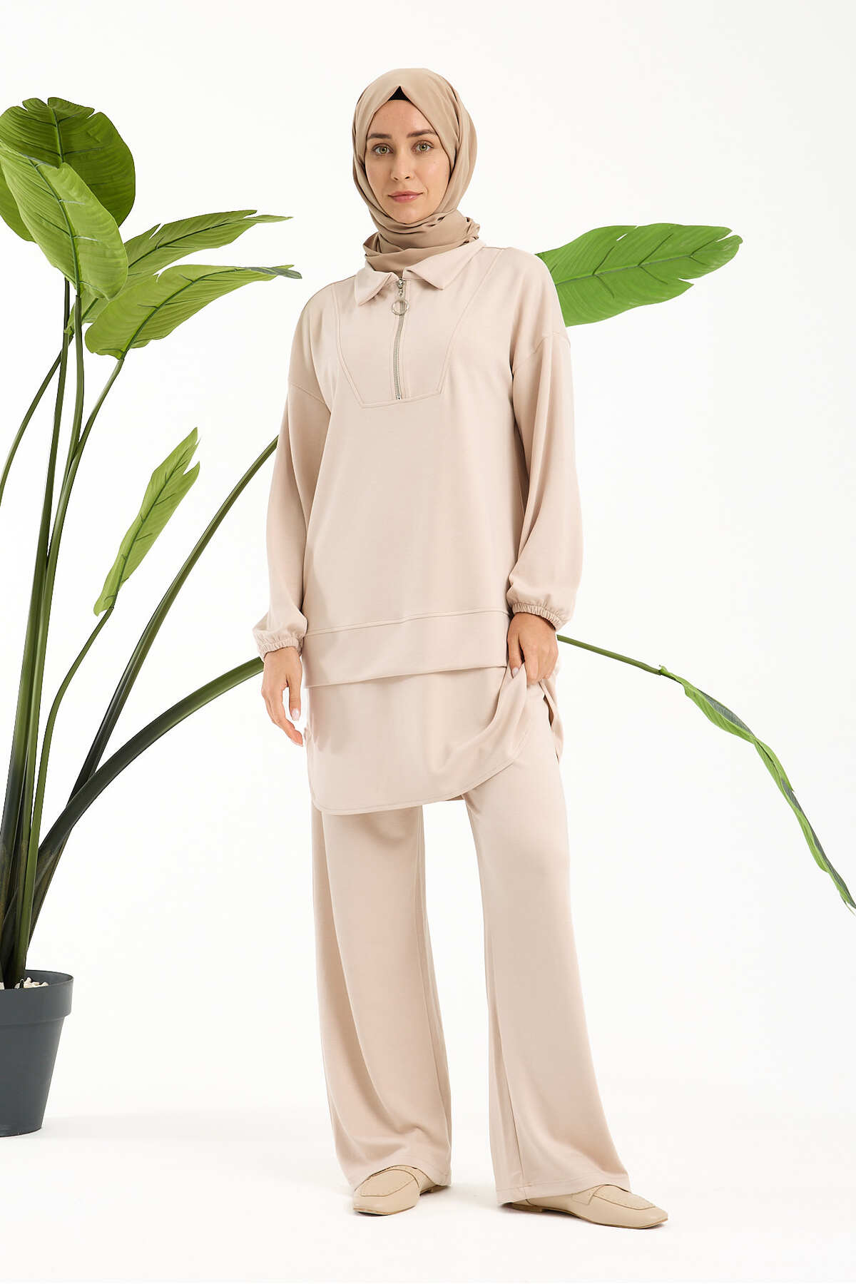 Kadın Premium Modal Kumaş İkili Takım – Rahat Kesim Tunik ve Pantolon - Bej