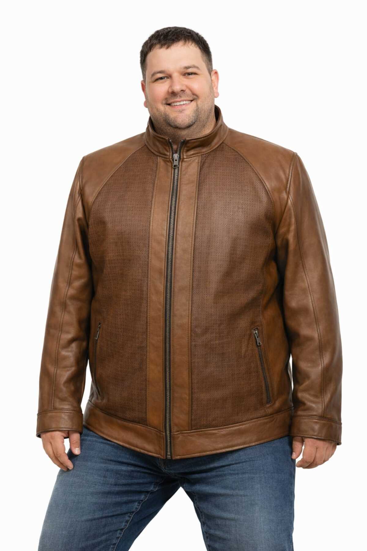 VİAMOD LEATHER Büyük Beden Erkek Kahverengi Hakim Yaka Modern Tasarım Dokulu Saf Deri Mont 4631 görsel 3