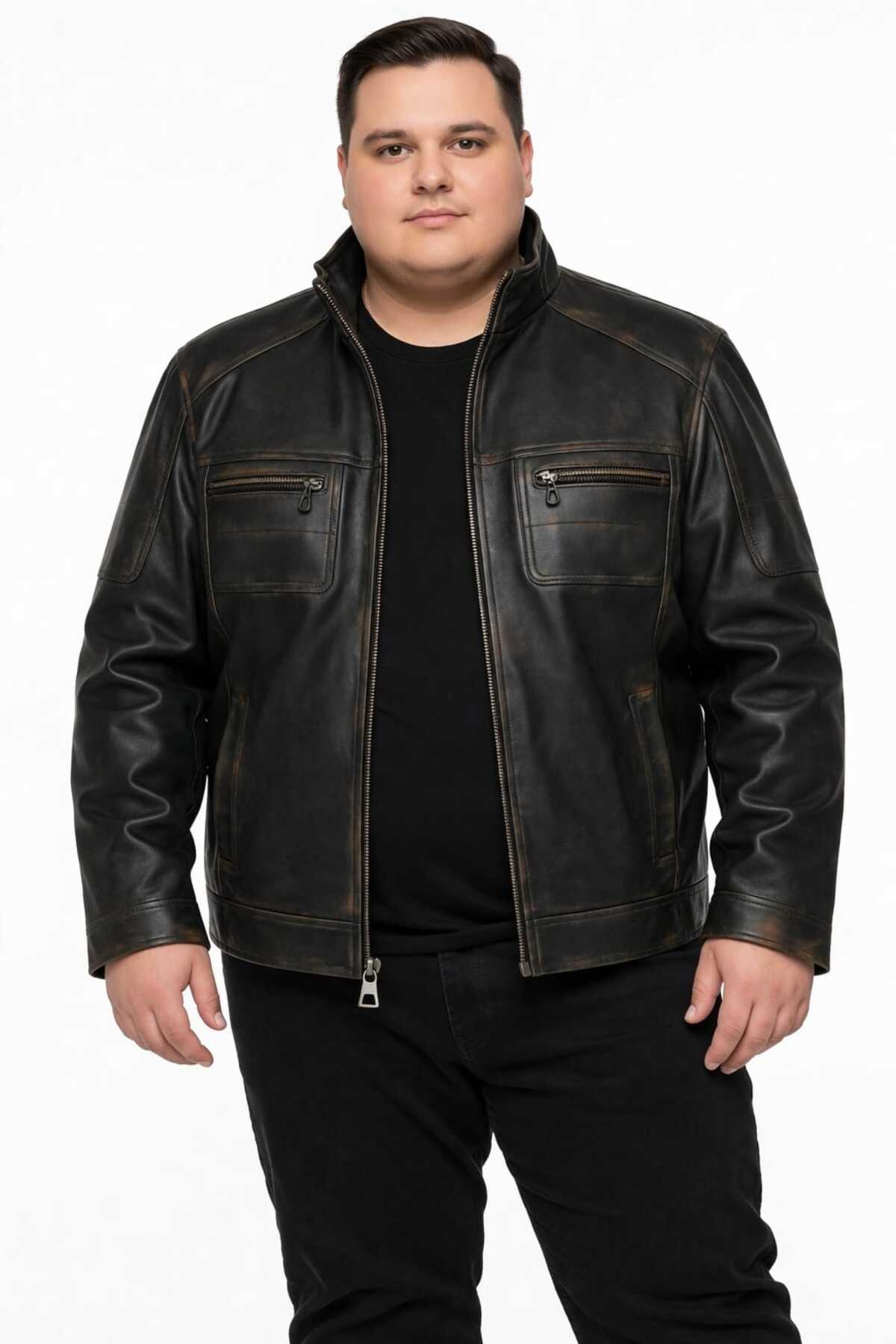 VİAMOD LEATHER Büyük Beden Erkek Siyah Hakim Yaka %100 Saf Deri