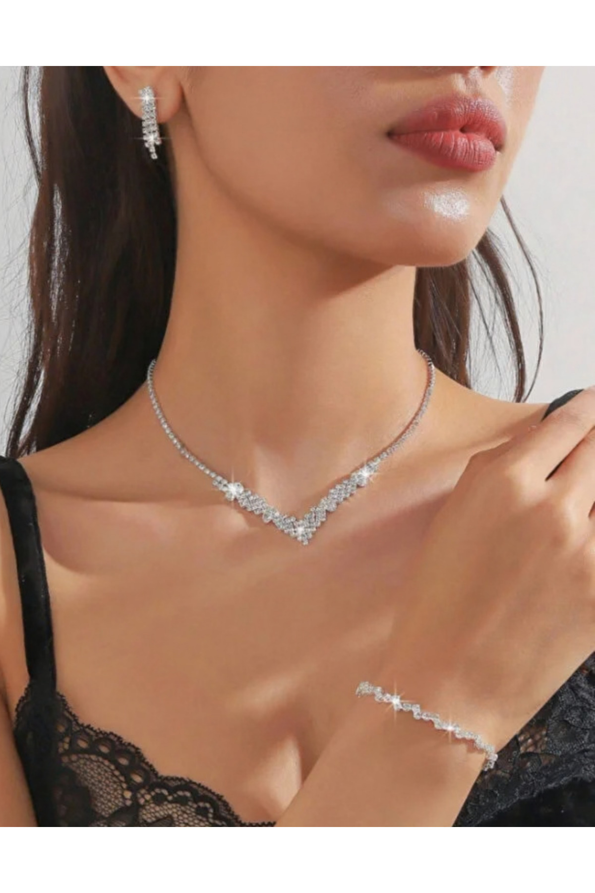 Gümüş Kaplama Elif Kolye, Küpe Ve Bileklik Seti 3'lü Set Davet Düğün Nişan Abiye