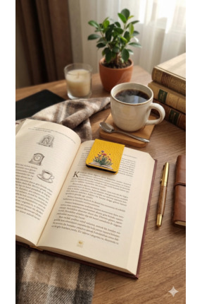 MUKEdu Sarı Suni Deri Magnet Ayraç - Vintage Kitap ve Güneş Çiçekleri Tasarım
