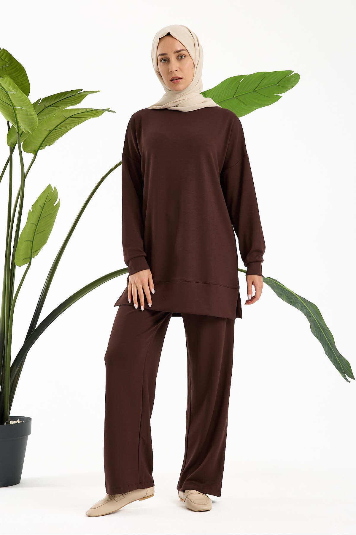 Kadın Premium Modal Kumaş Basic Tunik Takım – Rahat Kesim İkili Tesettür Takım - Kahverengi