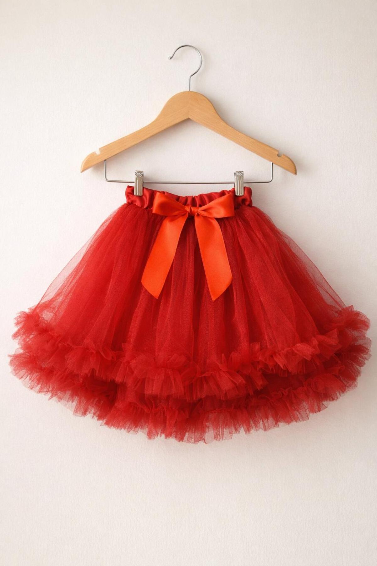 ues  Kız Çocuk Tütü Etek Kırmızı Kat Kat Tül Fiyonk Detaylı