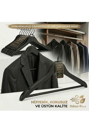 UEC TOYS Uec Lüks Ahşap Görünümlü Elbise Askısı - 10’lu Siyah Set - Koku Yapm...