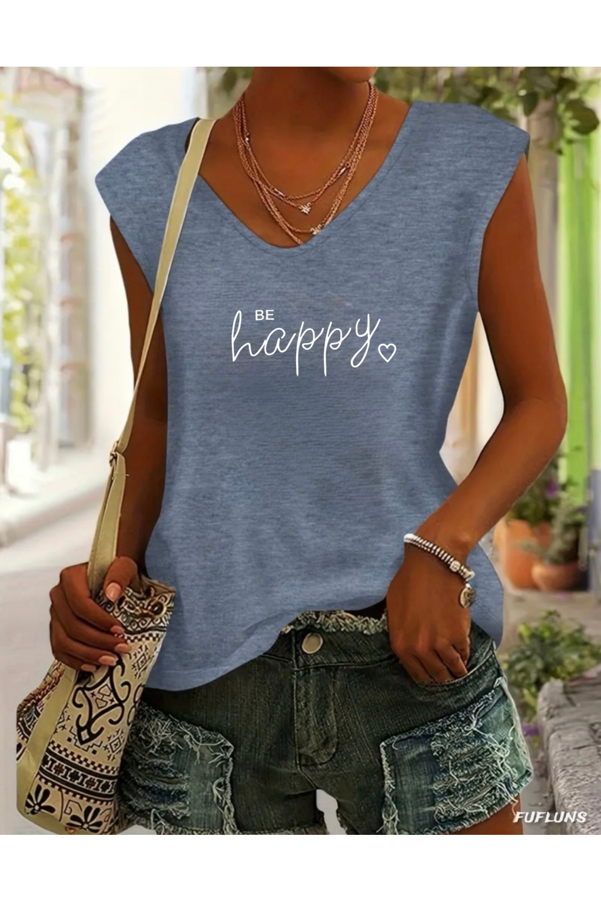 FUFLUNS BE HAPPY BASKILI KADIN OVERSİZE KOLSUZ T-SHIRT