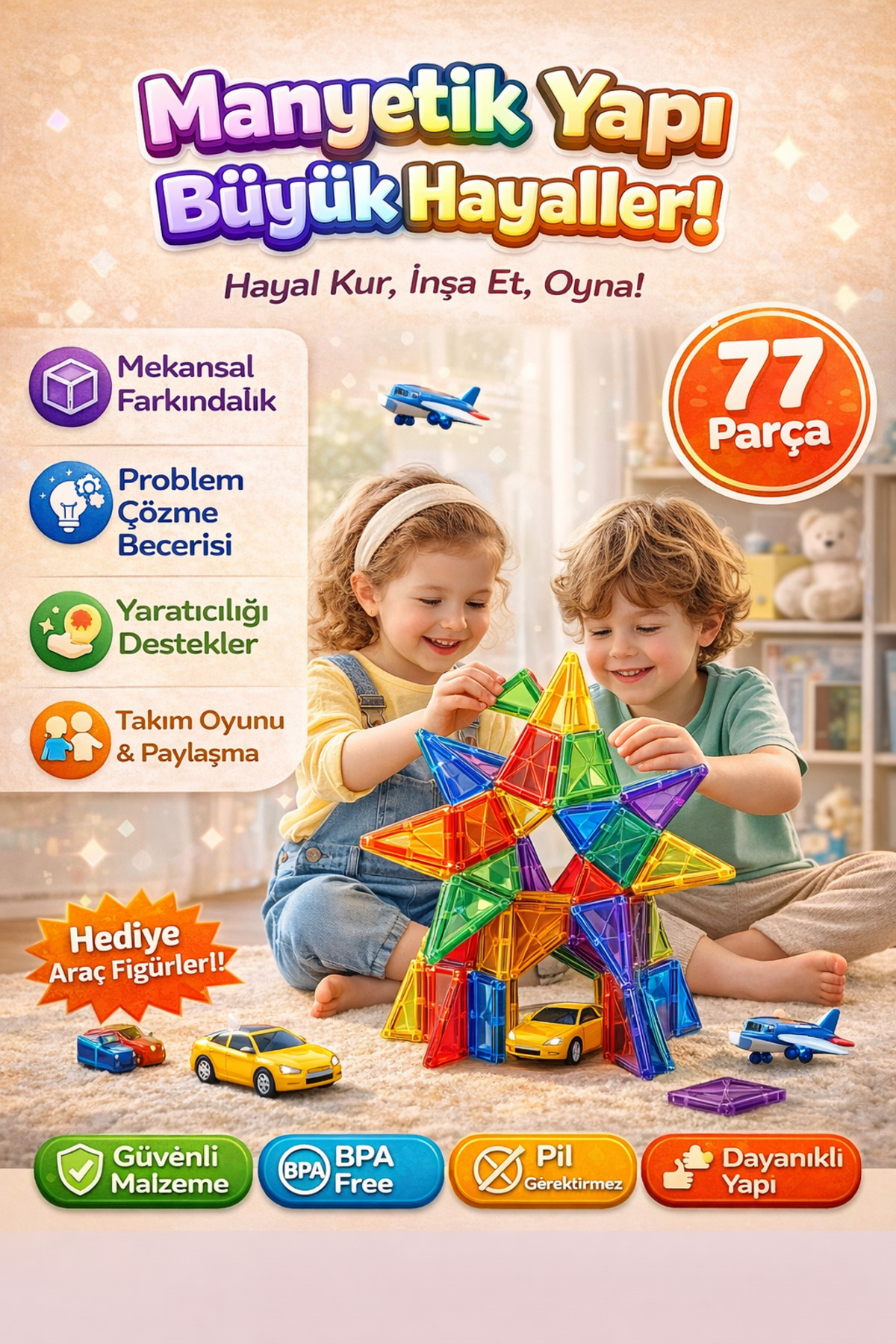 DENAPCAL Manyetik Yapı Blokları 77 Parça Mıknatıslı Bloklar 3+ Yaş Eğitici Oyuncak, Manyetik Oyuncak fotoğrafı 2 (önizleme)