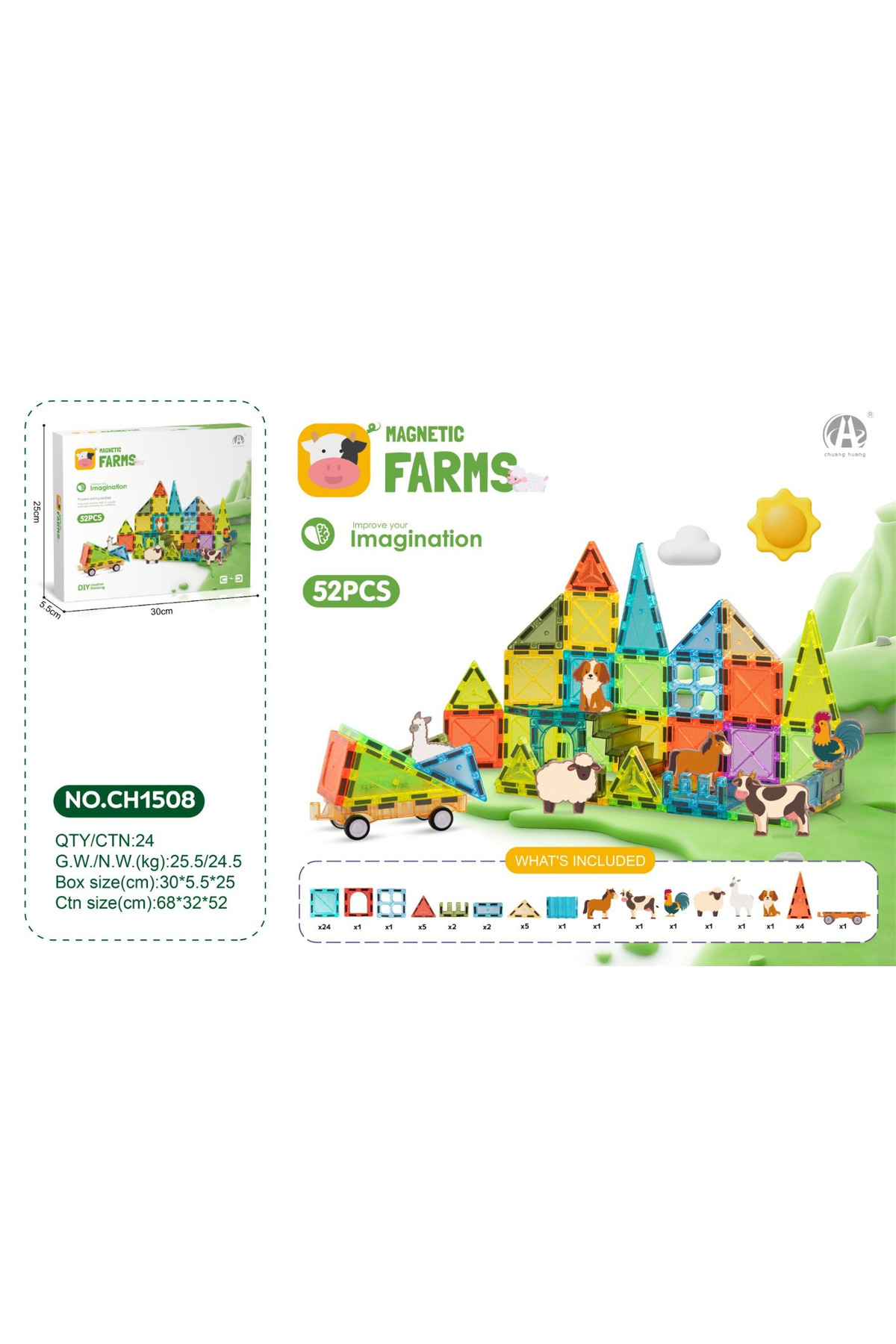 DENAPCAL Manyetik Bloklar 52 Parça Çiftlik Temalı Mıknatıslı Yapı Blokları 3+ Yaş Eğitici Oyuncak fotoğrafı 5 (önizleme)