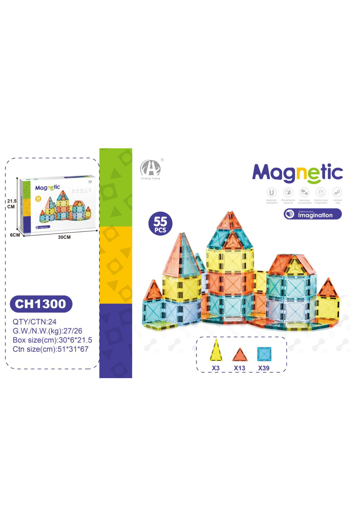 DENAPCAL Manyetik Yapı Blokları 55 Parça Mıknatıslı Bloklar 3+ Yaş Eğitici Oyuncak, Manyetik Oyuncak fotoğrafı 6 (önizleme)