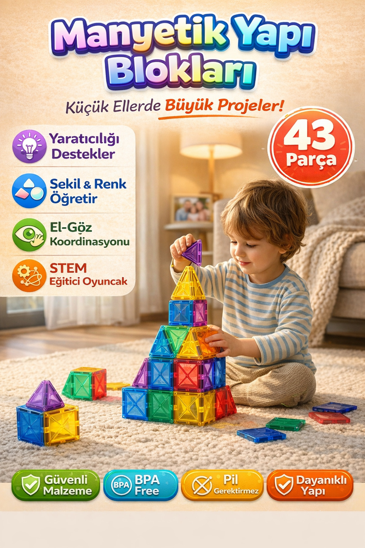 DENAPCAL Manyetik Yapı Blokları 43 Parça Mıknatıslı Bloklar 3+ Yaş Eğitici Oyuncak, Manyetik Oyuncak fotoğrafı 2 (önizleme)