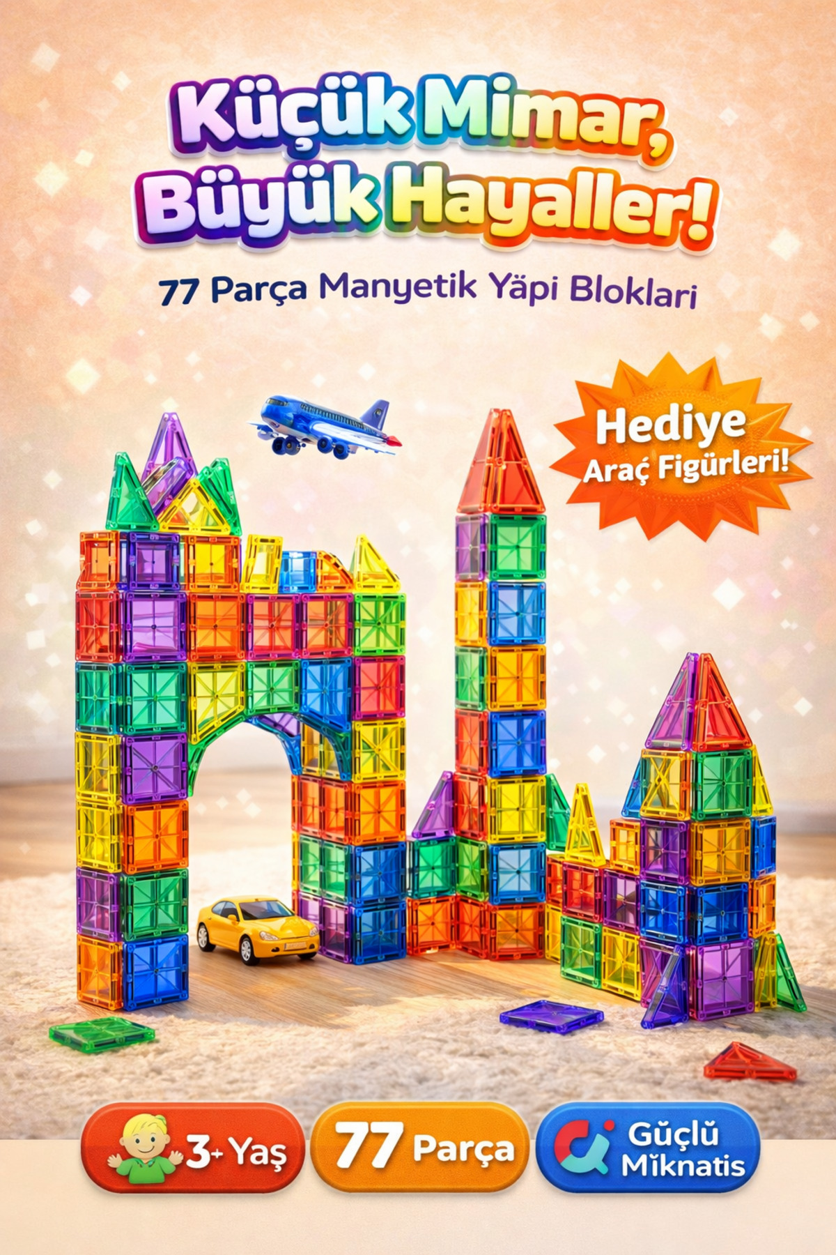 DENAPCAL Manyetik Yapı Blokları 77 Parça Mıknatıslı Bloklar 3+ Yaş Eğitici Oyuncak, Manyetik Oyuncak fotoğrafı 4 (önizleme)