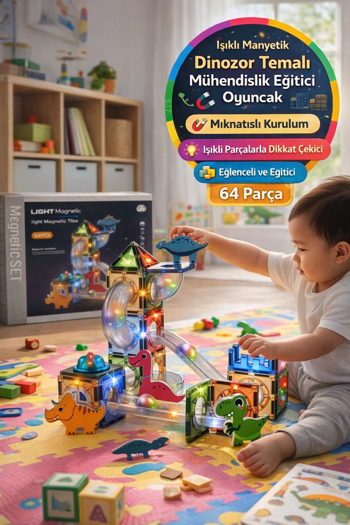 TOYFEST Magnetic Işıklı Manyetik Blok 64 Parça Dinozor Temalı Yapı