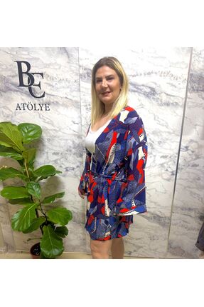 BE ATÖLYE BUTİK BE ATÖLYE Desenli Viskon Şort & Kimono İkili Takım - Bohem Stil