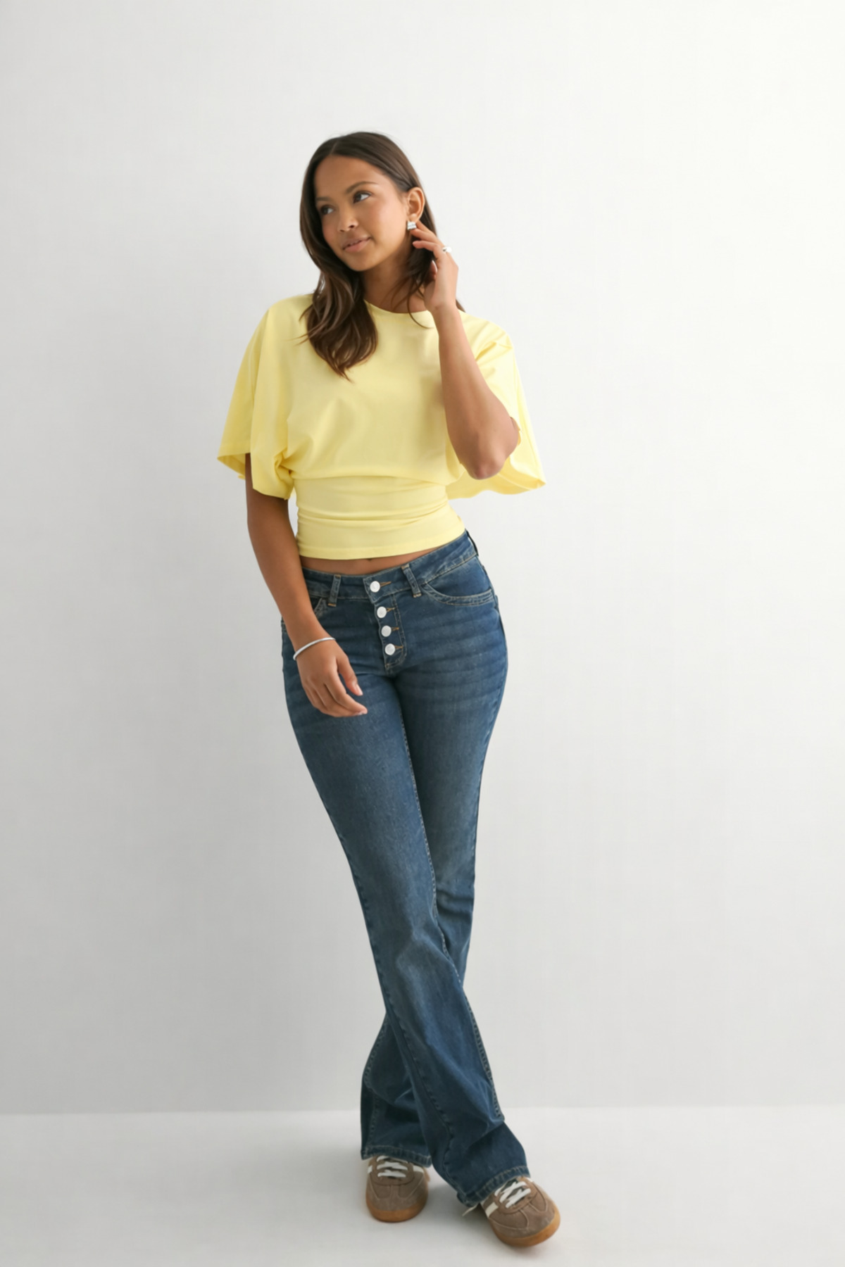 ecemore  Bele Oturan Geniş Kollu Sarı Doğal Viskon Bluz - Görsel 3