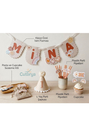 CUTORYA Kişiye Özel İsimli Papatya ve Gökkuşağı Konseptli Doğum Günü Seti - P...