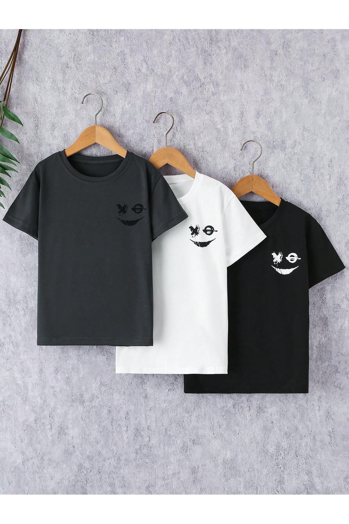 Printed Black-White-Anthracite 3-Piece Children's T-Shirt 100% Cotton Short Sleeve Knitted Crew Neck