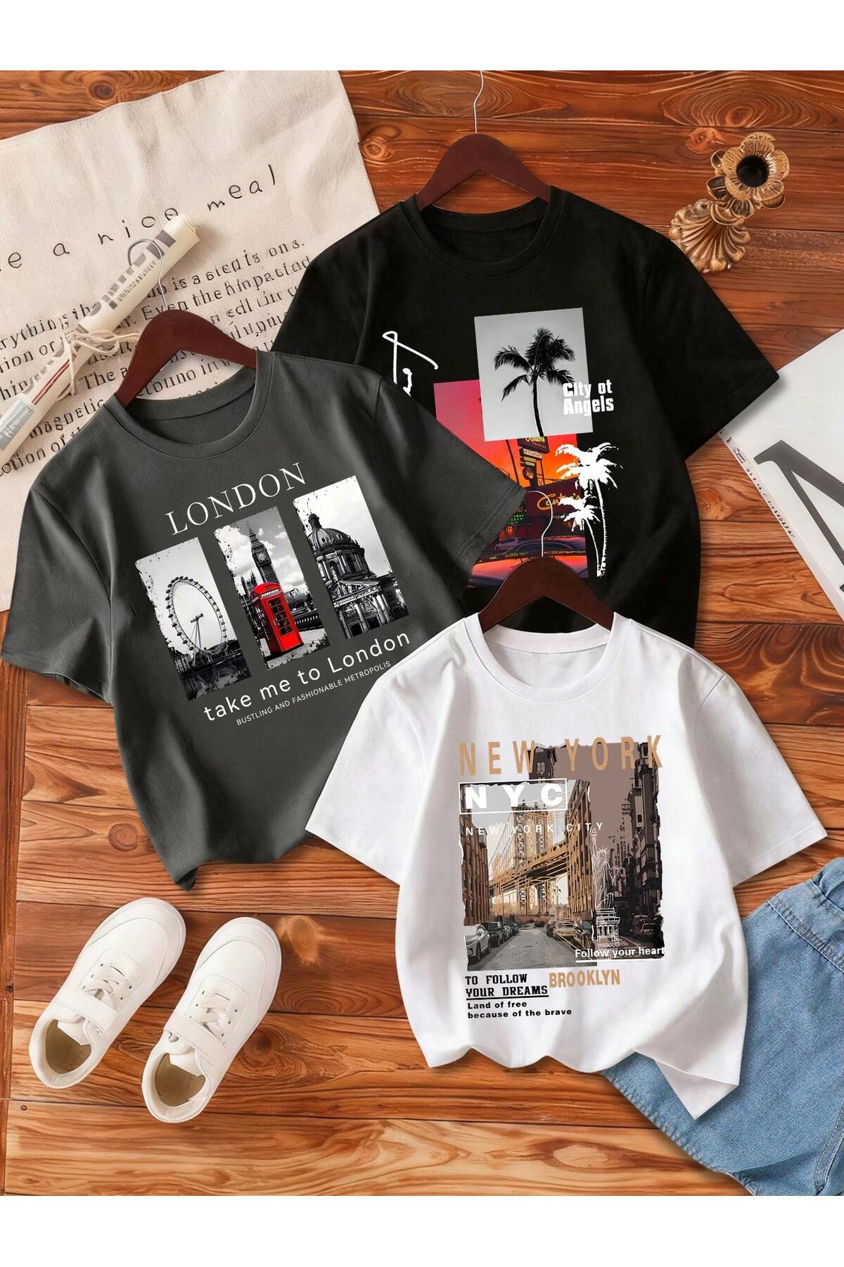 Printed Black-White-Anthracite 3-Piece Children's T-Shirt 100% Cotton Short Sleeve Knitted Crew Neck