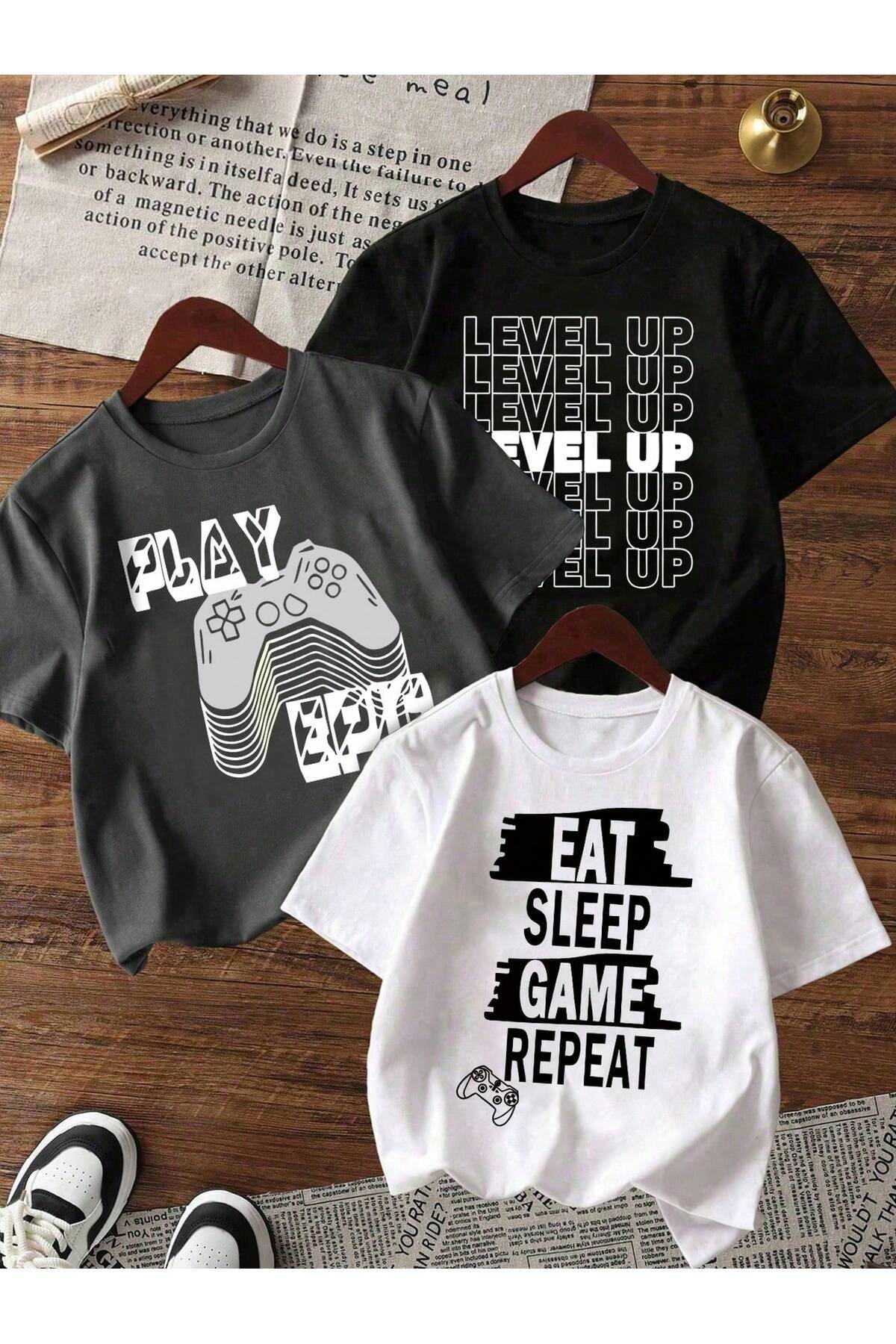 Printed Black-White-Anthracite 3-Piece Children's T-Shirt 100% Cotton Short Sleeve Knitted Crew Neck
