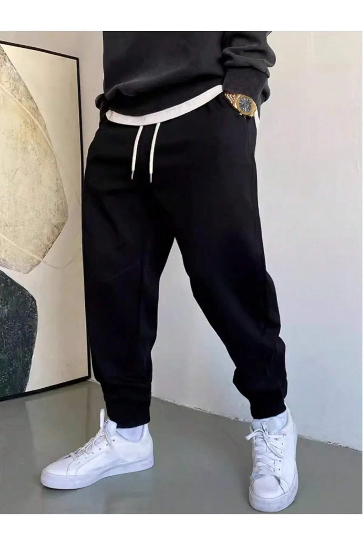 بنطلون رياضي رجالي بقصة مريحة وحواف مضلعة (قماش مج...