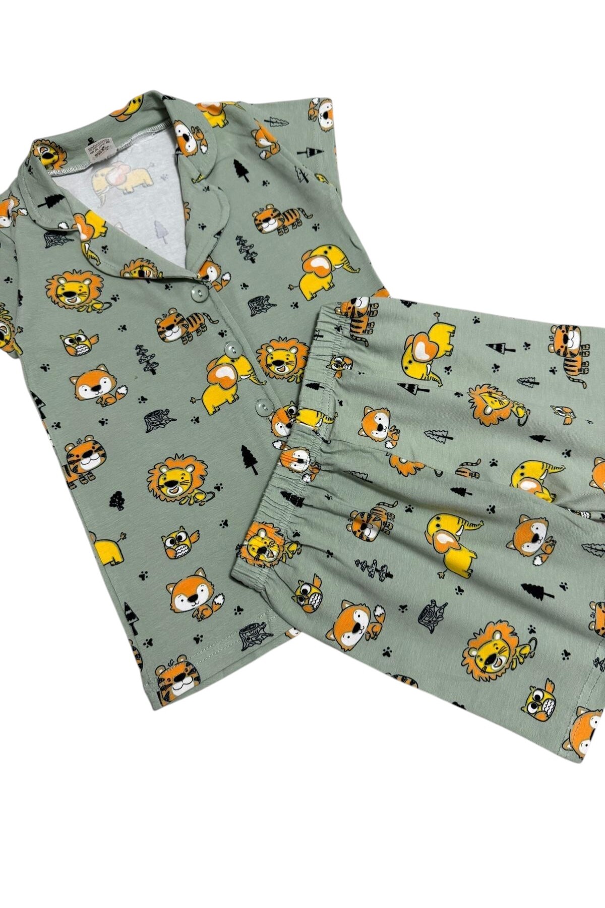 Fil Kids Erkek Çocuk %100 Pamuklu Yeşil Aslan Desenli Düğmeli Kısa Kollu Şortlu İnterlok Yazlık Pijama Takımı fotoğrafı 3 (önizleme)